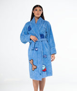 lady wearing bedroom blue doggie wash chenille robe