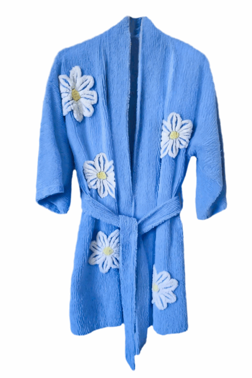 Flawless  “Falling Daisies” Chenille Bathrobe Kimono blue, yellow, white 2025
