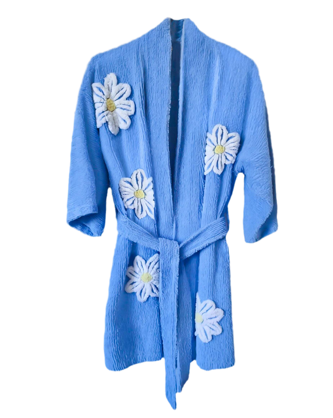 Flawless  “Falling Daisies” Chenille Bathrobe Kimono blue, yellow, white 2025