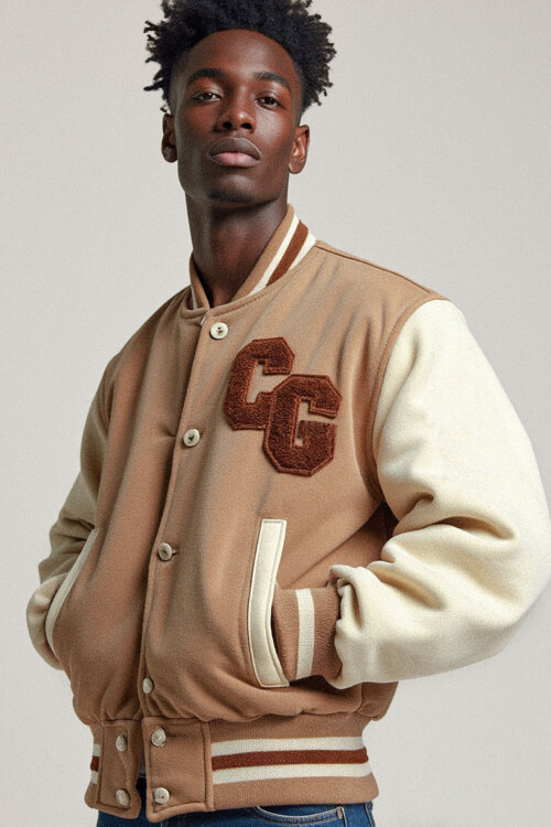"CG varsity” tan and Cream chenille letter Varsity Jacket