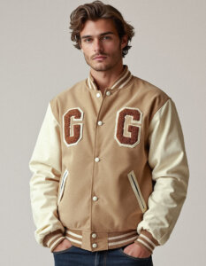 “Team CG” Cream Varsity Jacket chenille lettering