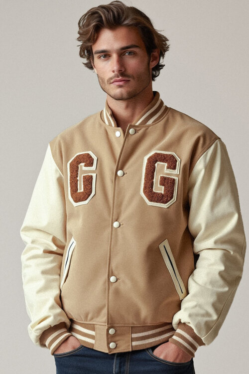 “Team CG” Cream Varsity Jacket chenille lettering