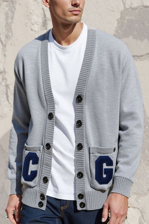 "Classy V" Cotton v neck Cardigan chenille CG logo / gray