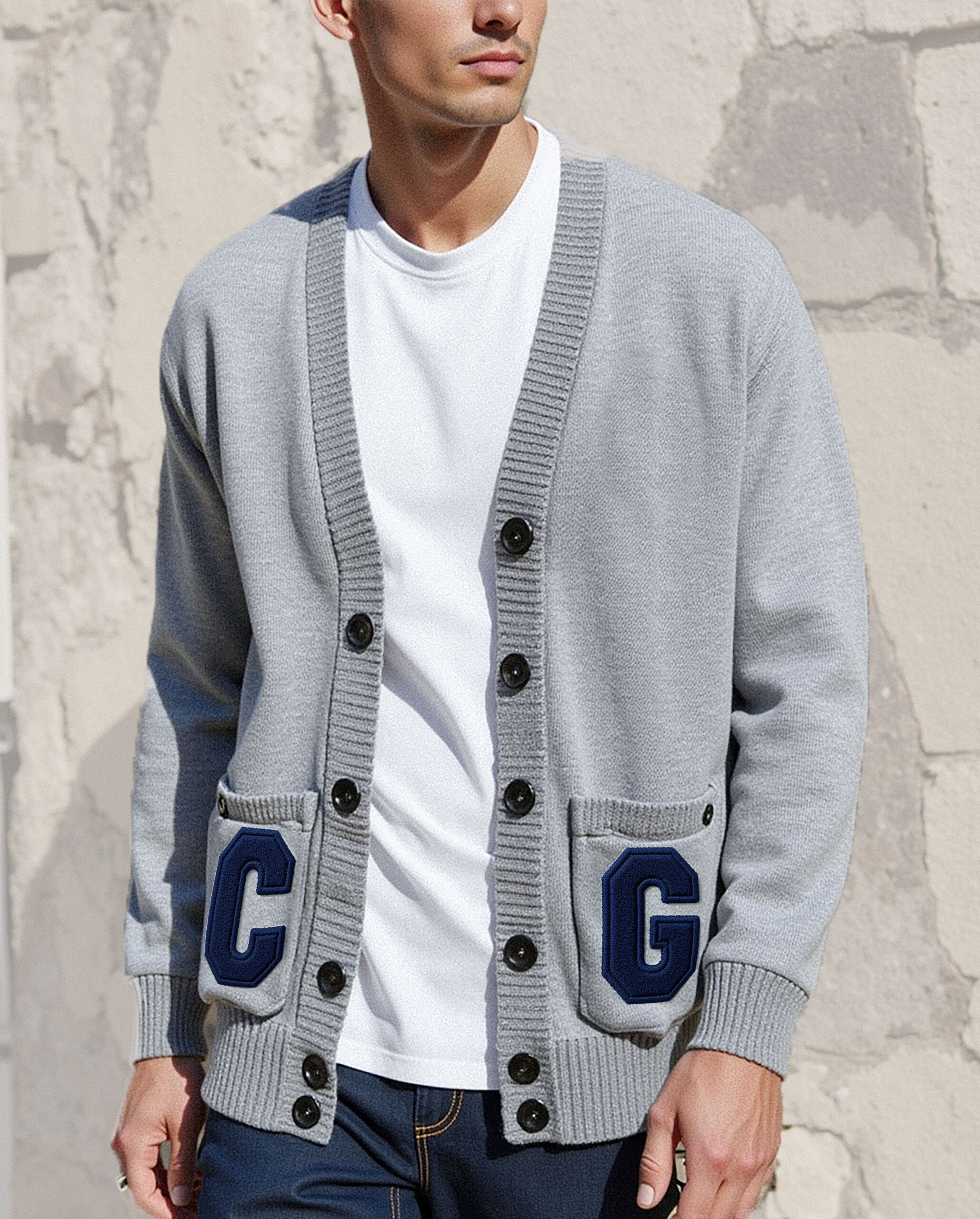 "Classy V" Cotton v neck Cardigan chenille CG logo / gray