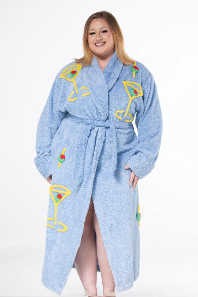 Vintage luxury “Martini Madness “ Chenille Bathrobe in Lunar Blue