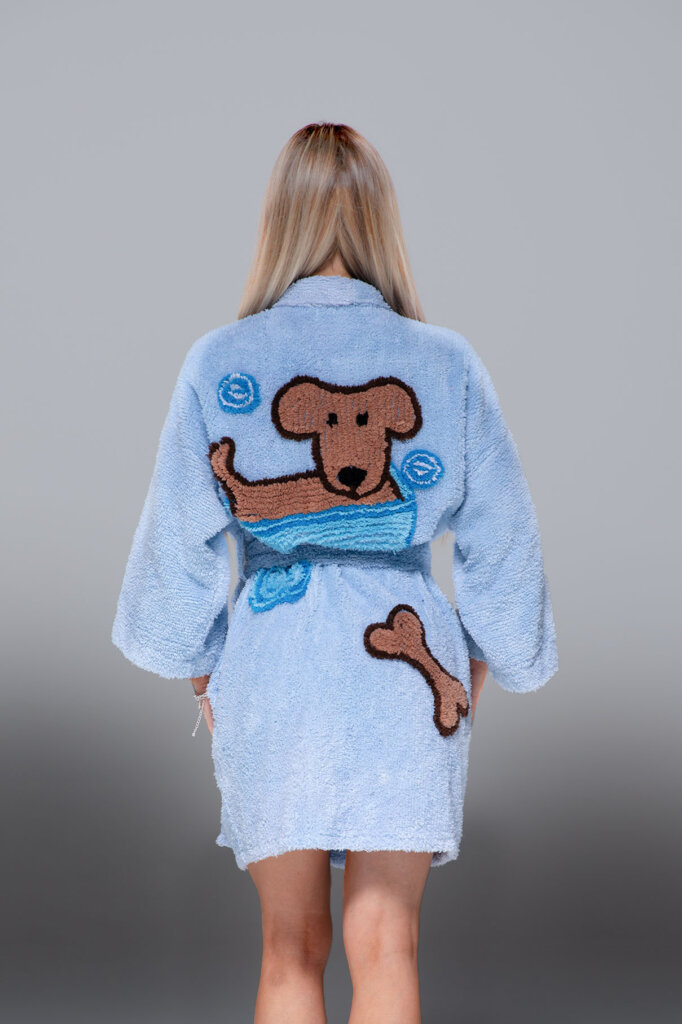 Superior “Doggie Wash “ Chenille Kimono  Bathrobe in Lunar Blue 2025