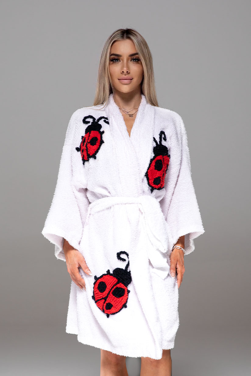“Lady Bug” Chenille Bathrobe in white